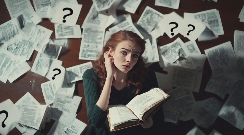 Una noia sentada a terra, amb cara de perplexitat i amb una Bíblia oberta a la faldilla i papers plens d'interrogants al seu voltant.