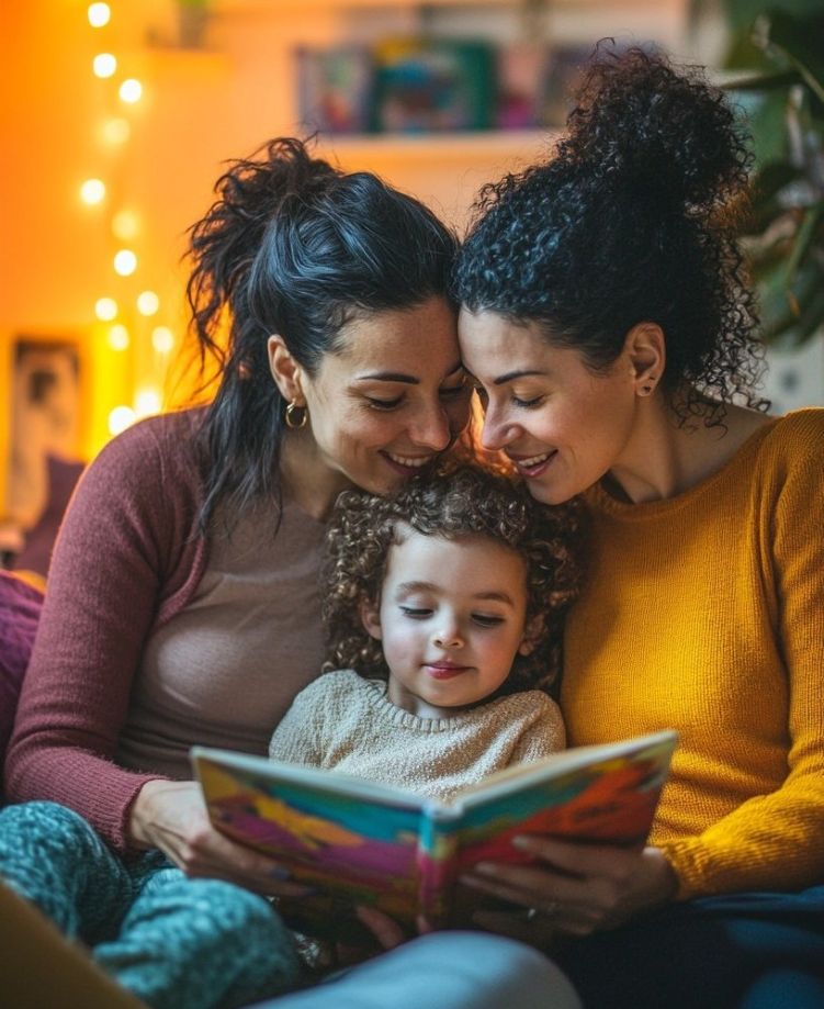 Una parella lesbiana que llegeixen un llibre infantil amb la seva filla.