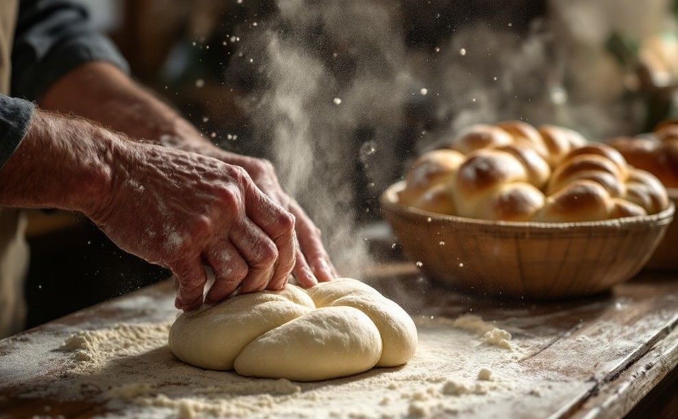 Unes mans que preparen un pa tradicional jueu: el halah trenat.