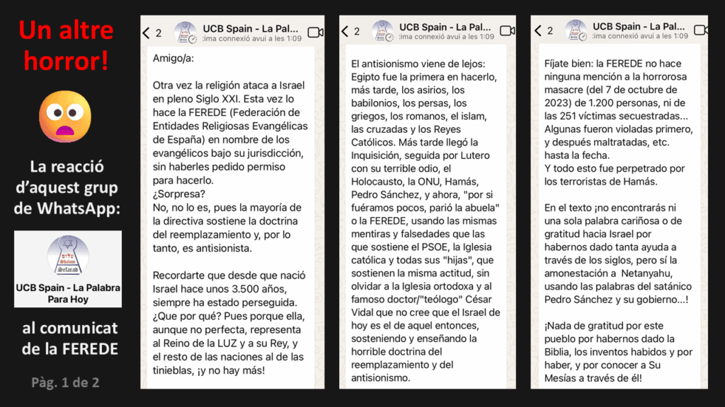 Un altre horror! Captures de pantalla d’un missatge de WhatsApp que comença així: «Otra vez la religión ataca a Israel en pleno siglo XXI. Esta vez lo hace la FEREDE…».