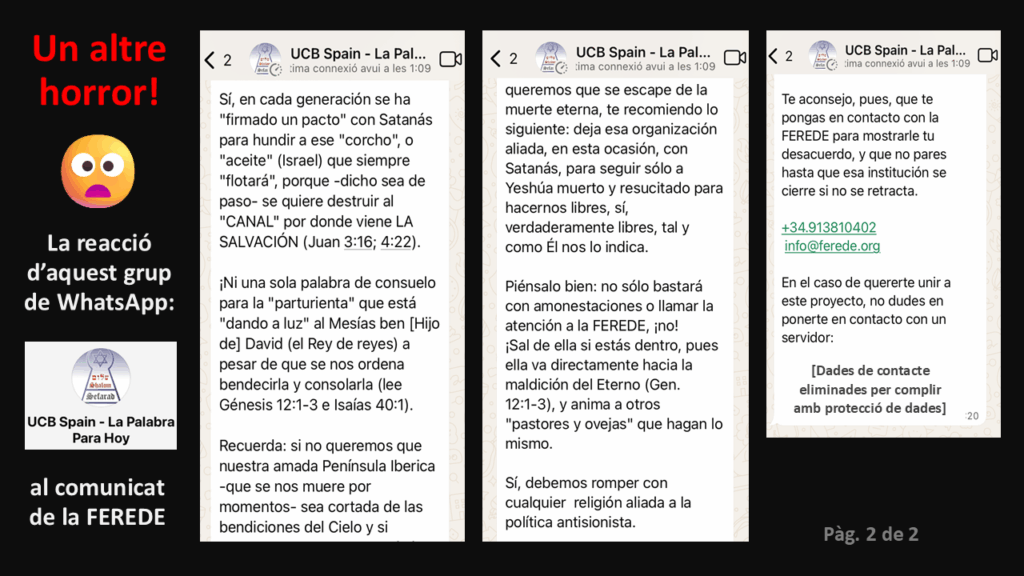 Un altre horror! Més captures de pantalla d’un missatge de WhatsApp que comença així: «Otra vez la religión ataca a Israel en pleno siglo XXI. Esta vez lo hace la FEREDE…».