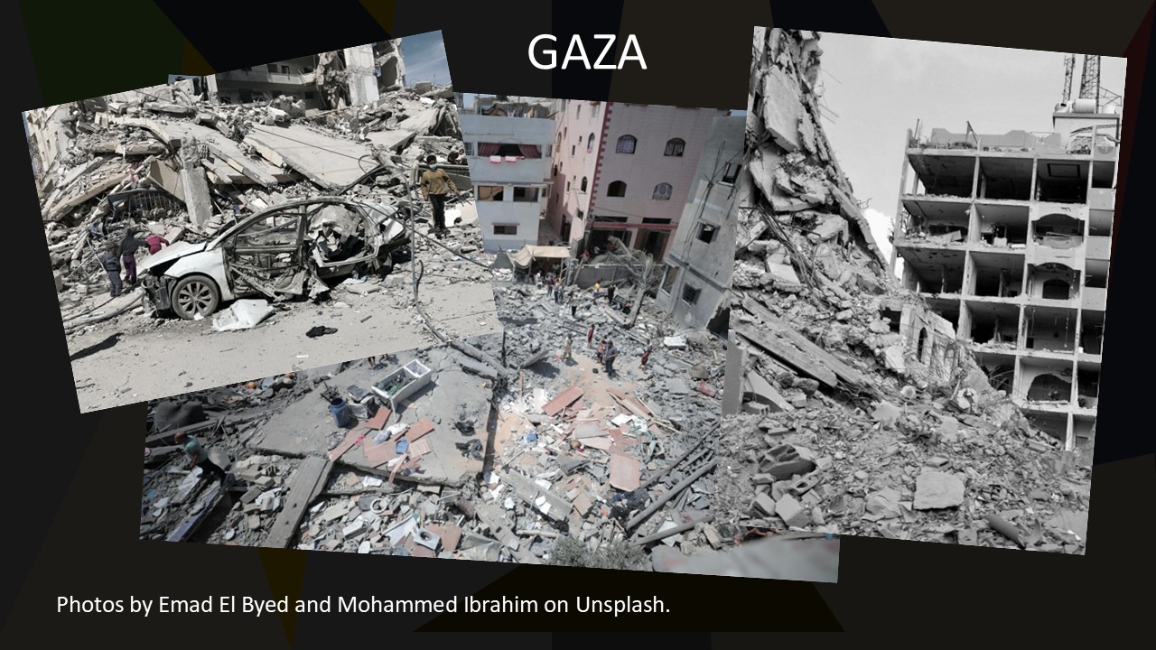 Three photos of the destruction in Gaza.