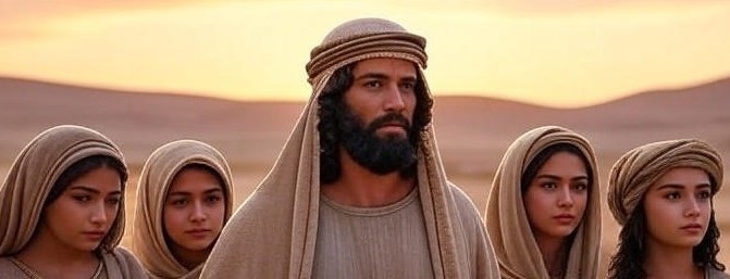 Un home al desert, en temps bíblics, amb quatre dones jovenetes.