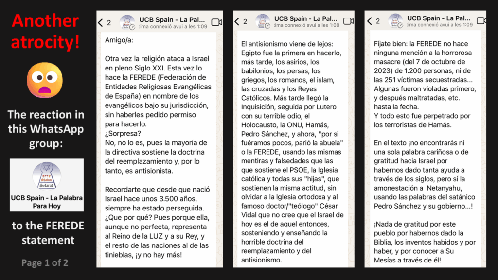 Another atrocity! Screen shots of a WhatsApp message (in Spanish) that begins with: “Once again Religion is attacking Israel in the 21st Century. This time it’s the FEREDE…”.
