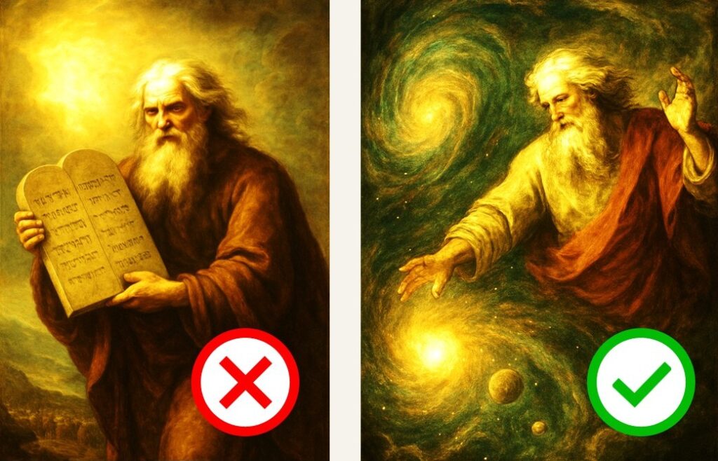 Moisès amb els deu manaments, marcat «NO», i Déu creant l’univers, marcat «SÍ».