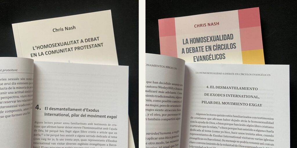 Exemplars del llibre «L’homosexualitat a debat...», en català i castellà, tancats o oberts al capítol 4 «El desmantellament d’Exodus International, pilar del moviment exgai».