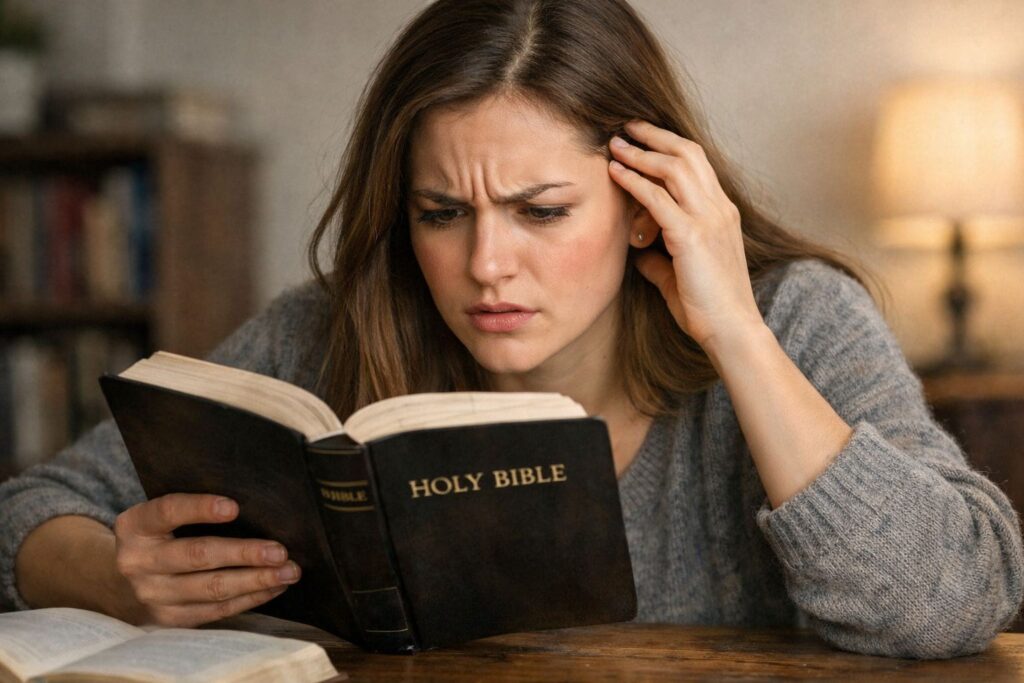 Una chica que lee la Biblia con cara de extrañeza.
