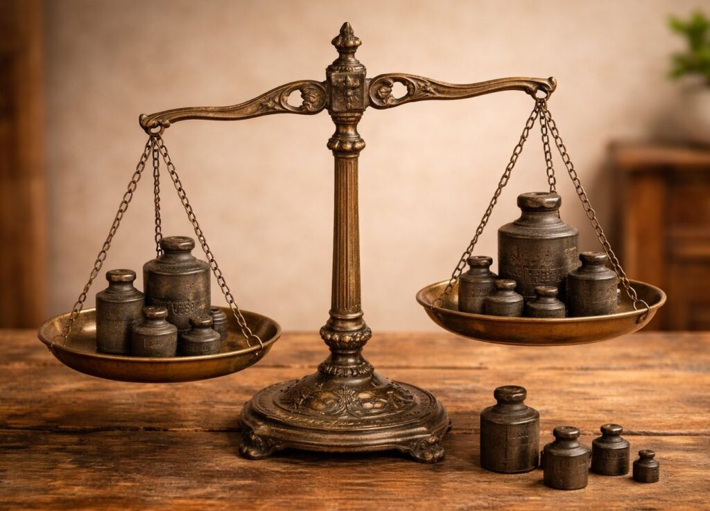 Una balanza antigua, con pesos, con un lado que pesa un poquito más que el otro.